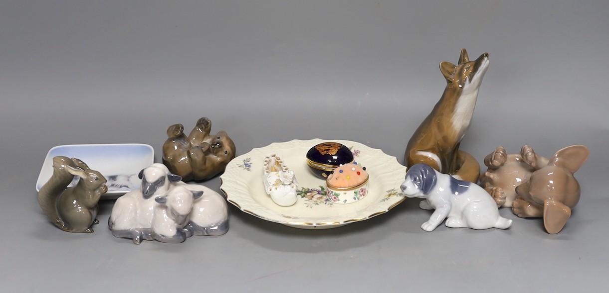 A group of various Copenhagen animals and dishes, together with Halcyon Days, Limoges and a small porcelain shoe